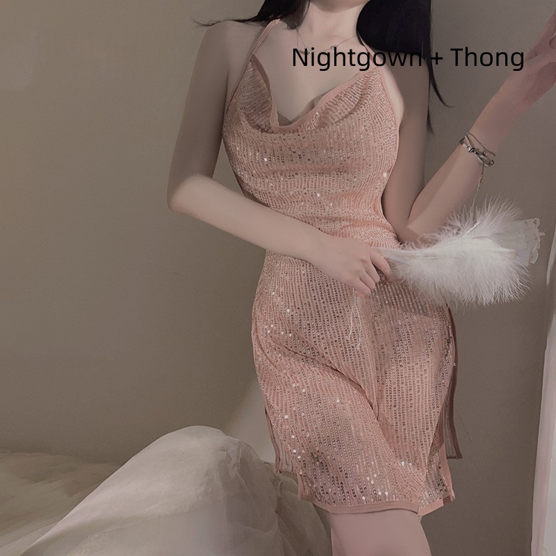 Lingerie sexy. Chaud et tentant profond V - cou avec paillettes, chemise denuit fendue - uniforme plus - Ensemble de taille.3539 Prix:$112.99