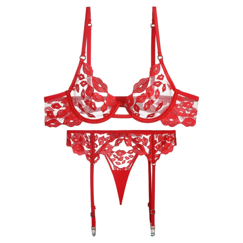 Lingerie sexy - ultra-Fin, avec de la broderie à lèvres rouges et de la dentelle. Il\Un ensemble de soutien-gorge pour les gros seins qui les rend plus petits et empêche le prix W7229 de s'affaisser:$219.99