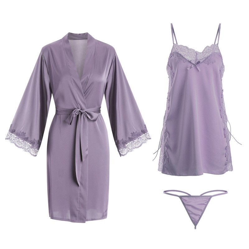 Dentelle sexy et confortable-Mandard denuit en satin emballé, pur et séduisant avec des fentes latérales et des bracelets à cravate, jumelés avec une robe, un ensemble de vêtements: 542 Prix:$149,99
