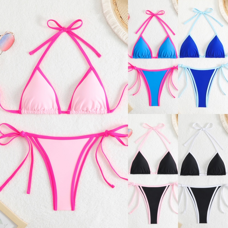 2025 Nouveau solide - Couleur des femmes\C'est sexy deux - couleur triangle de pièce - Block Bikini. Style européen et américain avec des liens, adapté à la plage et au printemps chaud QT25003 Prix:$79,99