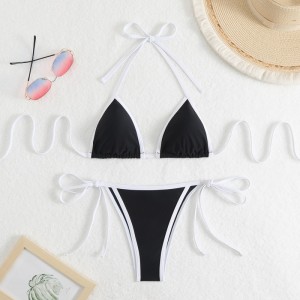 2025 Nouveau solide - Couleur des femmes\\C\'est sexy deux - couleur triangle de pièce - Block Bikini. Style européen et américain avec des liens, adapté à la plage et au printemps chaud QT25003 Prix:$79,99