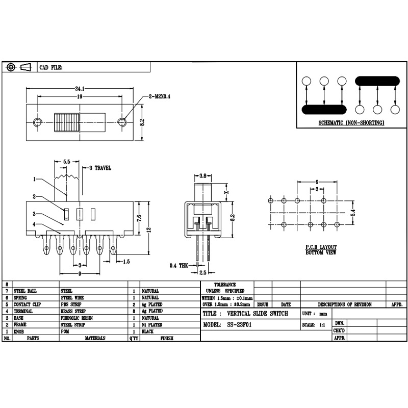 Interrupteur à bascule SS23F10 trois-Interrupteur de glissement de vitesse pour réglage de la température de couleur de lumière LED et élevé-accélérer le moteur du sèche-cheveux