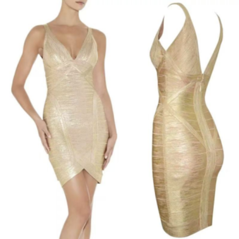 Summer Gold Knit Double V Méfelt-stencers Bandage serré Jupe robe