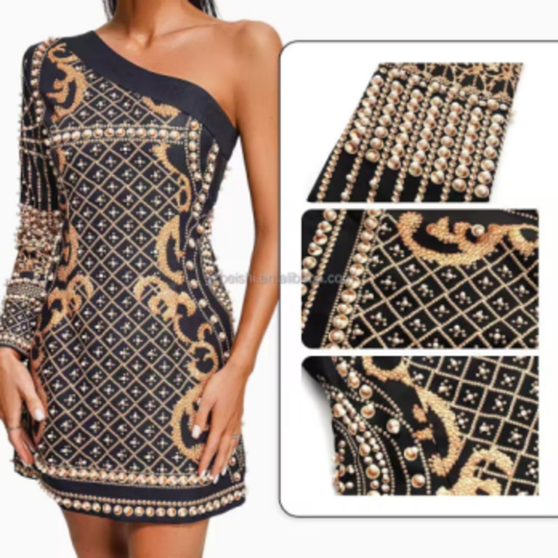 Summer Jacquard tricot Slant épaule longue manche, robes minces perlées