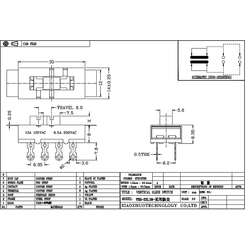 Interrupteur à glissière SS23L16, courant élevé, trois-positionner, doubler-Row, 8-broche, interrupteur de déchiqueteur, interrupteur de glissement vertical pour l'équipement mécanique