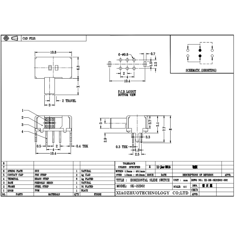 Interrupteur de diapositives miniatures SK22D02, un petit interrupteur pour le contrôle électronique, électrique, de communication et industriel avec deux gammes de bandes de 2p et 2t