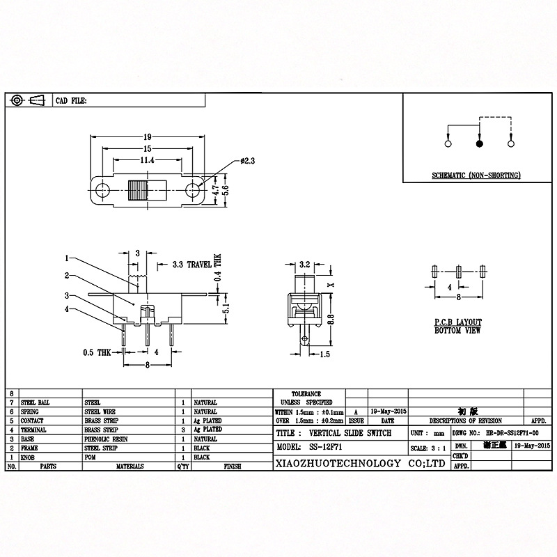 Interrupteur de diapositive SS12F71 Toy audio Single-Rangée troisième-Interrupteur de glissière à LED à LED à broches
