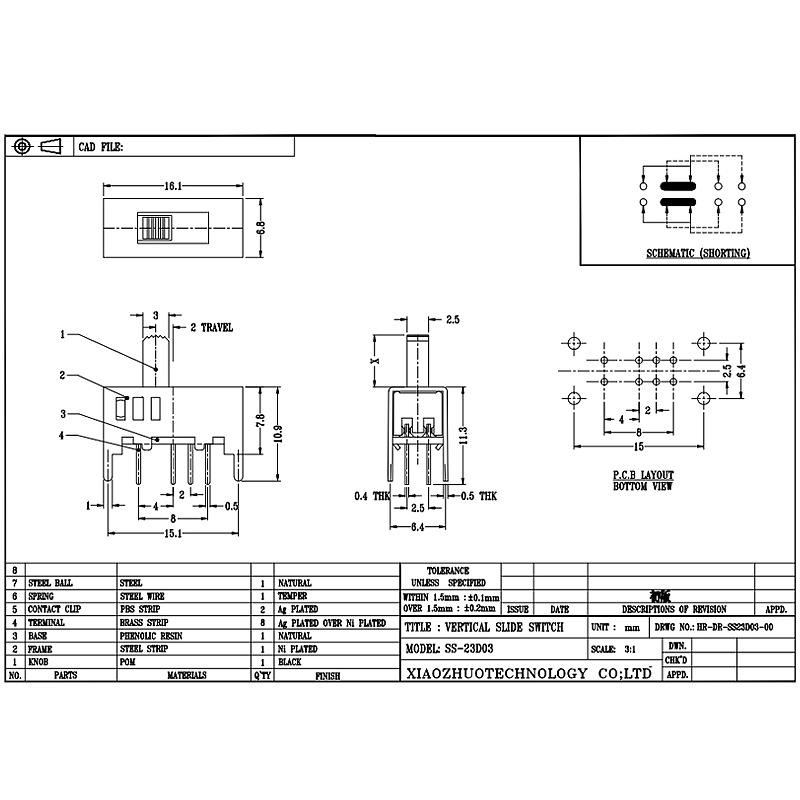 Interrupteur de diapositives SS23D03, double-Rangée huit-broche trois-Position, interrupteur poussoir micro l'interrupteur de glissement personnalisé pour les appareils électroménagers