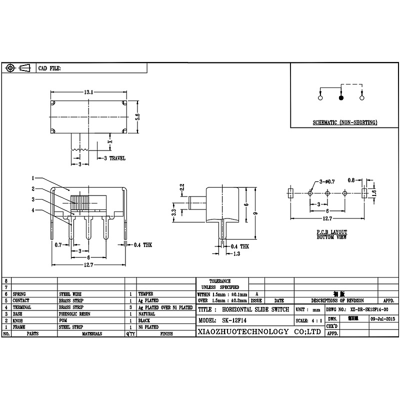 côté interrupteur de glissière SK12F14-Tirez l'interrupteur horizontal, côté de lampe à plafond-Tirez l'interrupteur de diapositive, unique-Rangée 3-Pin d'interrupteur de diapositive verticale