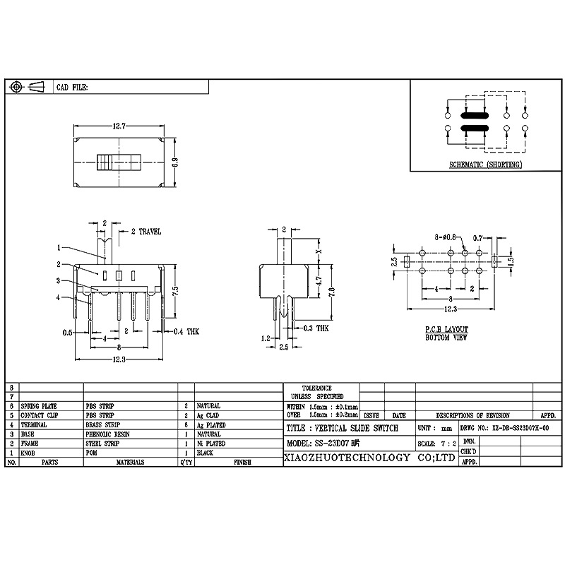 Interrupteur à glissière SS23D07, côté horizontal-Tirez l'interrupteur coulissant, lampadaire trois-Interrupteur de position, commutateur de bande d'alimentation